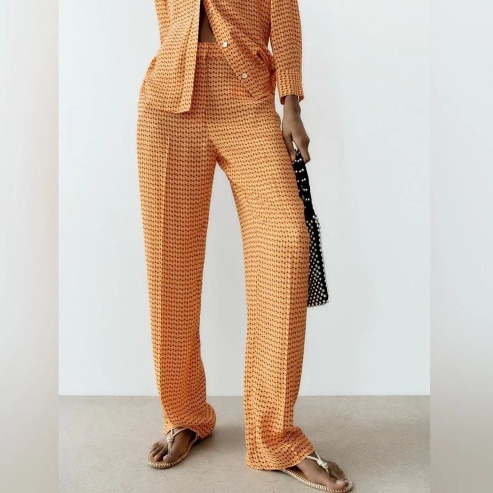 ZARA Boho Geometric Wide Leg Pants XL Orange Diamond Print High Rise Hippie Chic